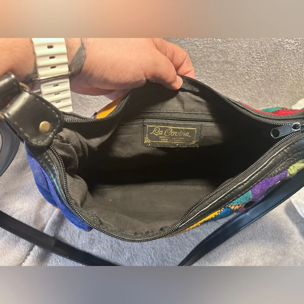 Vtg 80s La Covina Multicolored Recycled Leather Patchwork Shoulder Bag w/ Wallet - Picture 7 of 16
